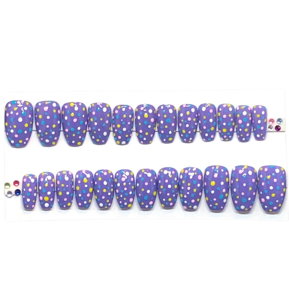 Handmade Custom Press On Nails Gel Short Coffin Shape Purple & Polka Dot Nails